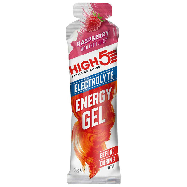 HIGH5 Energy Gel with Electrolytes Raspberry single-serve sachet front view.
