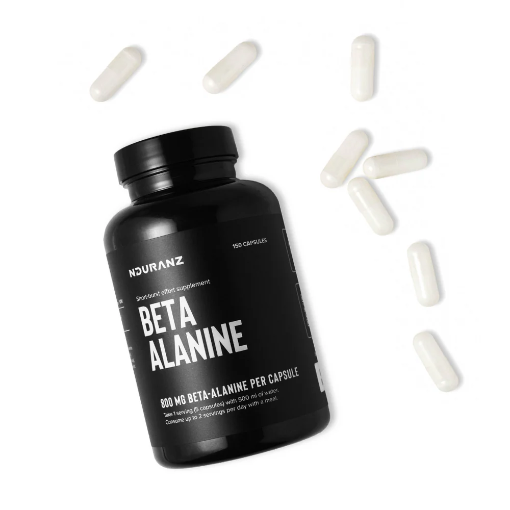 Nduranz Beta Alanine supplement bottle and capsules on a white background.