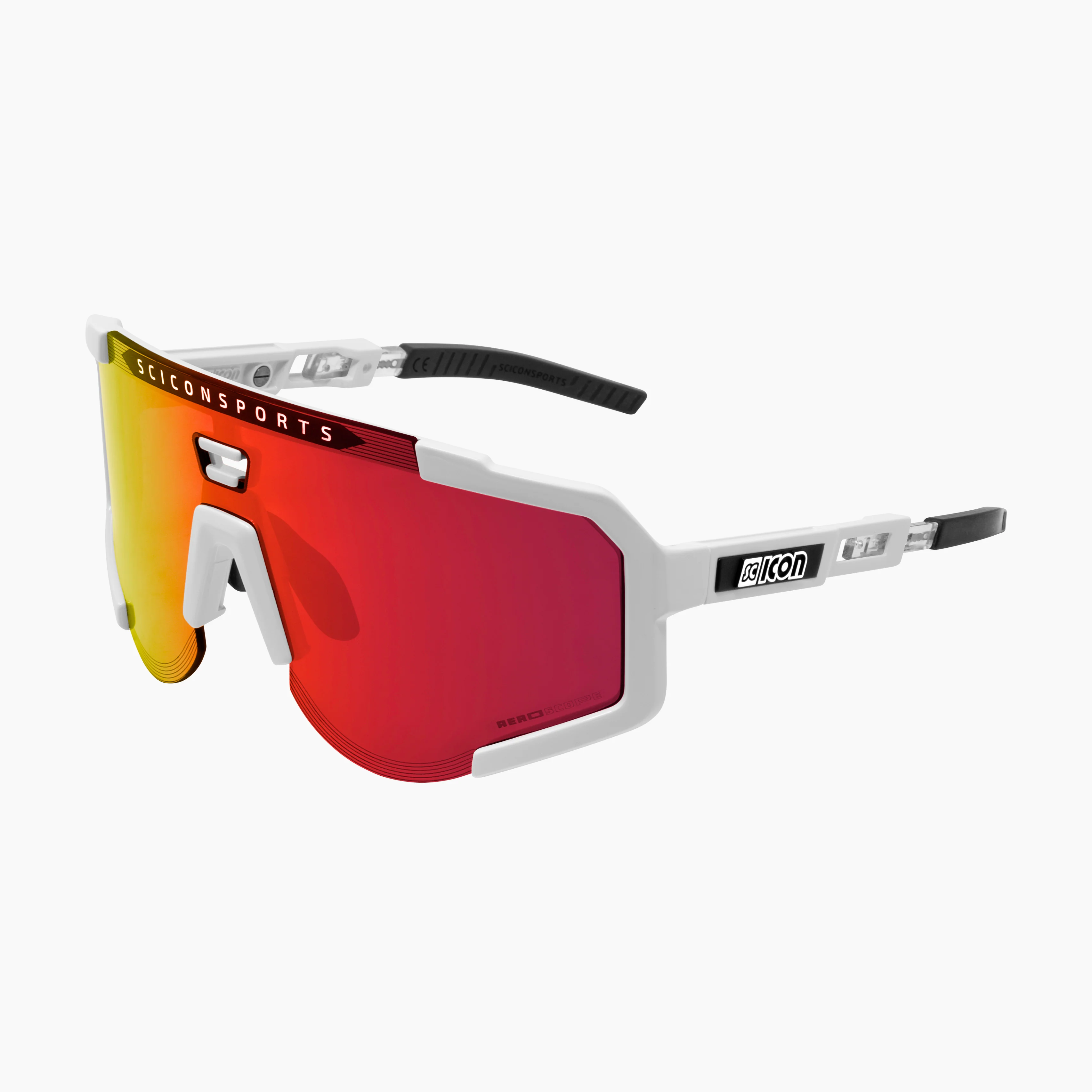 Scicon Aeroscope high-performance sport sunglasses with black gloss finish and red multi-mirror lenses, designed for active wear.