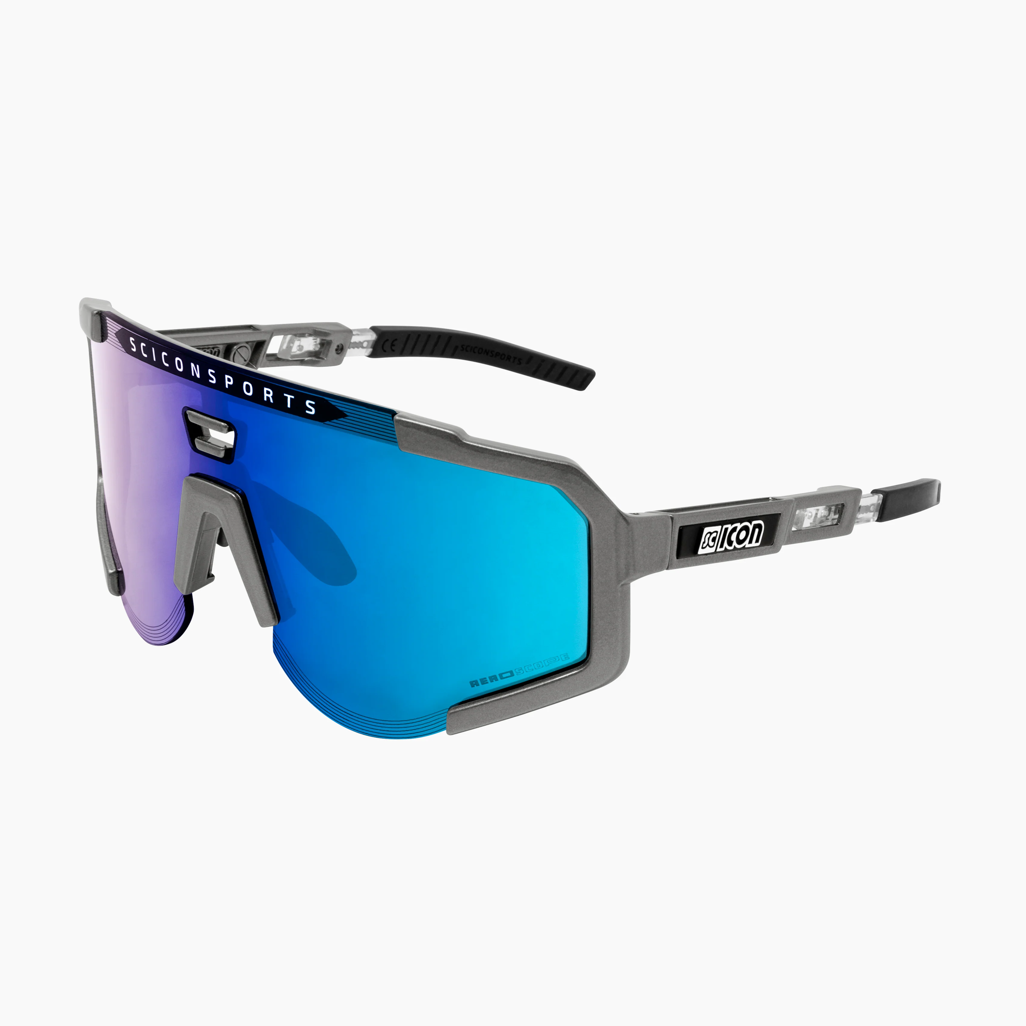 Scicon Aeroscope high-performance sport sunglasses with glossy black frame and red multi-mirror lenses, designed for active wear.