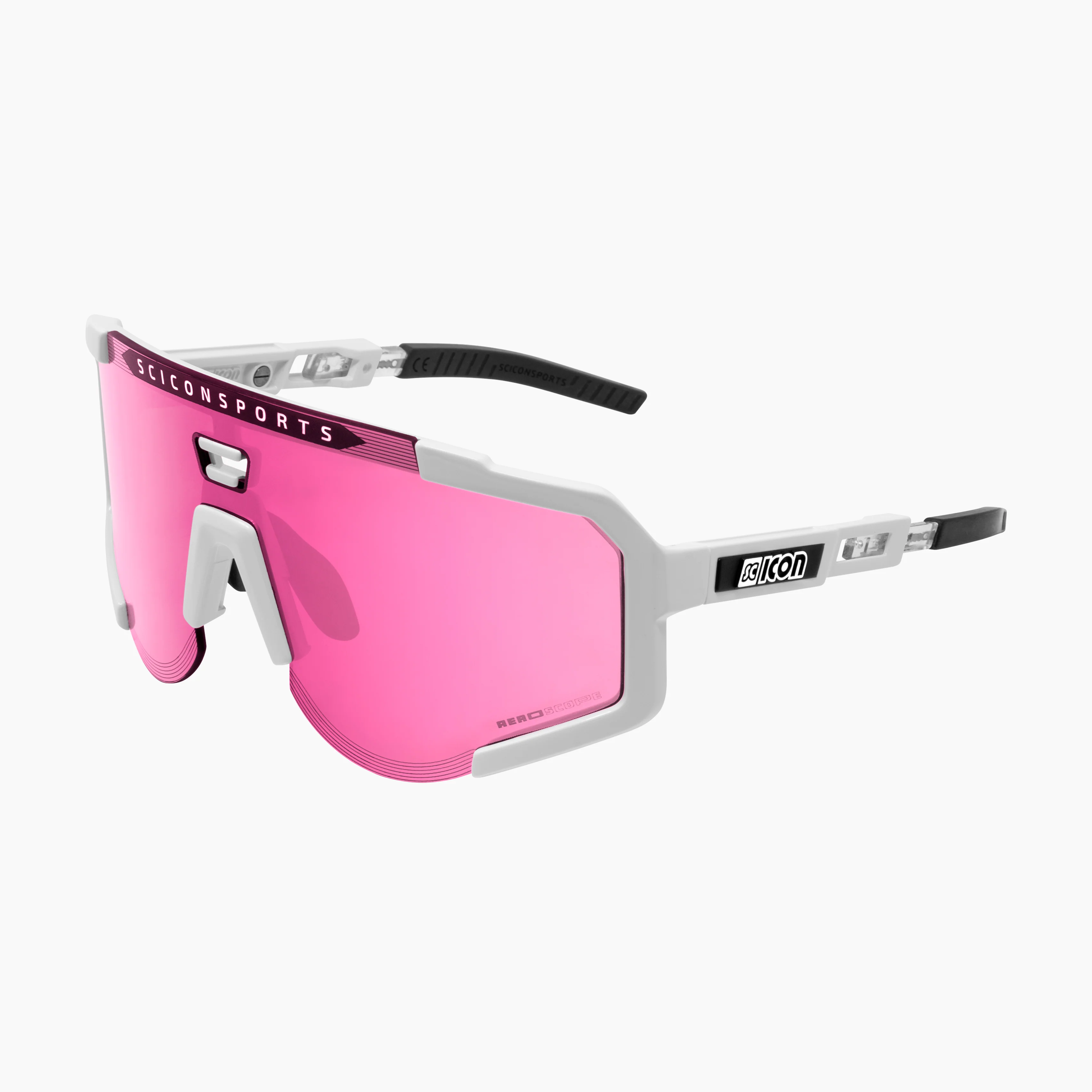 Scicon Aeroscope high-performance sport sunglasses with black gloss frame and red mirror lenses, designed for active outdoor use.