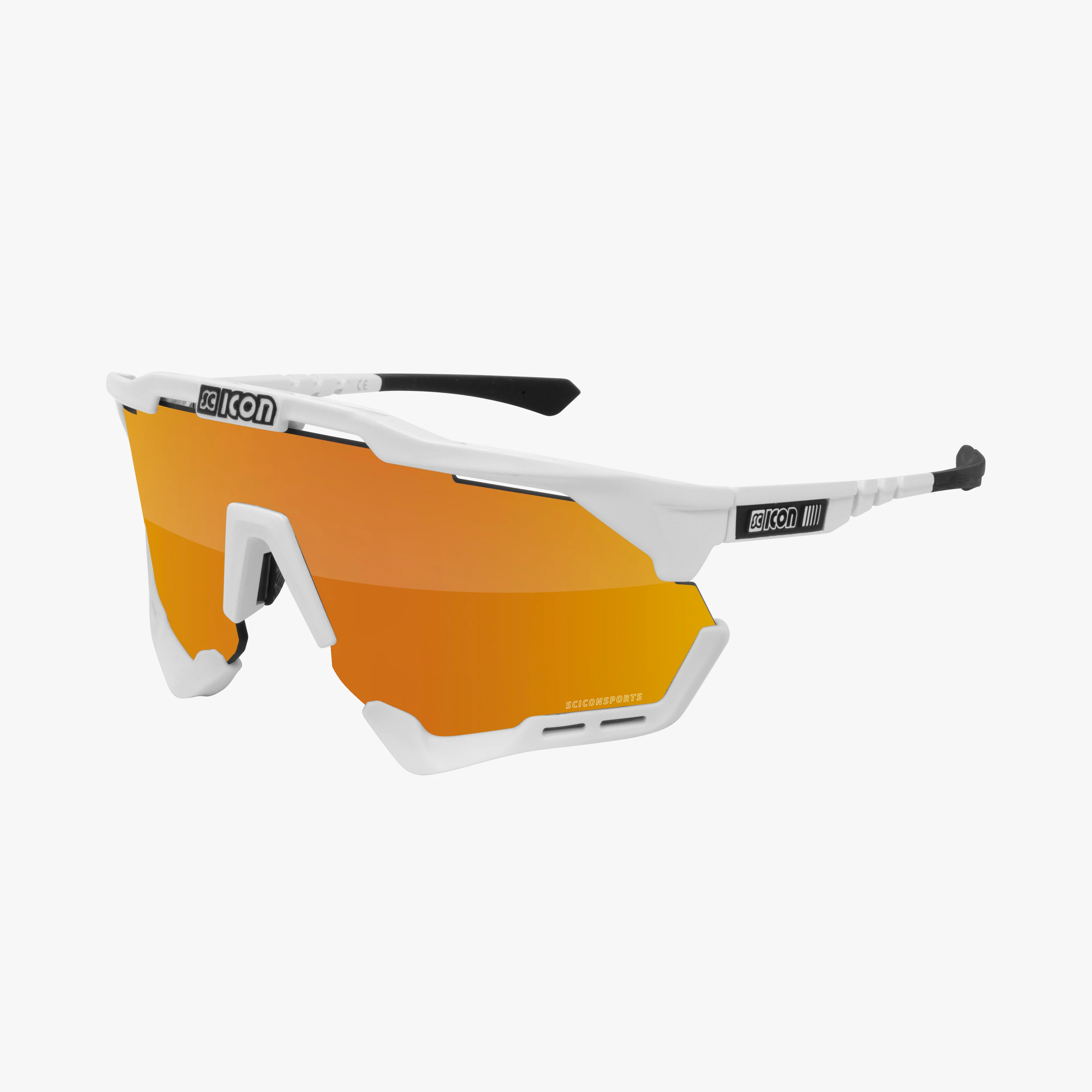 Scicon AeroShade XL high-performance sport sunglasses with matte carbon frame and red multi-mirror lenses.