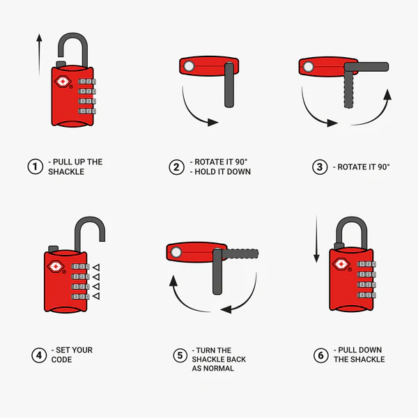 Red Scicon TSA luggage padlock with keyhole and combination dial for secure travel luggage locking.